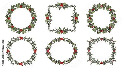 Festive Christmas Wreaths and Borders with Holly and Pine for Holiday Decor