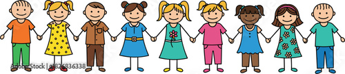 iverse group of smiling cartoon kids holding hands, children standing together in a line, multi-ethnic friends representing friendship