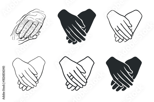 Wrinkled Hands Logos. Wrinkled Hands and Wedding Ring. Icon set. Set Logo of Wrinkled Hands and Wedding Ring: two hands touching gently. harmonious logo