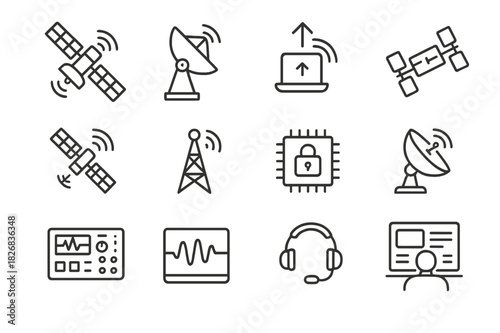 Space Communication Icons. Space communication. Line icon set of Space communication: satellite, deep space antenna, data uplink, laser comms, relay satellite,