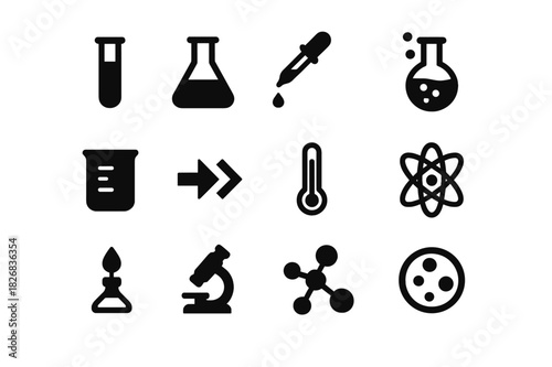 Science Experiment Icons. Science experiment. Solid icon set of science experiment: test tube, flask, dropper, bubbling flask, beaker, reaction symbol,