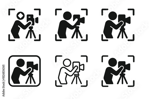 Director's Camera Icons. A director adjusting the camera on set for a close-up shot. Icon set. Set Logo of A director adjusting the camera on set for a