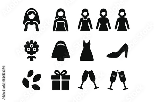 Bridesmaids Icon Grid. Bridesmaids gathering. Solid icon set of Bridesmaids gathering: bride, bridesmaid , bridesmaid , bridesmaid , bridesmaid , bouquet,