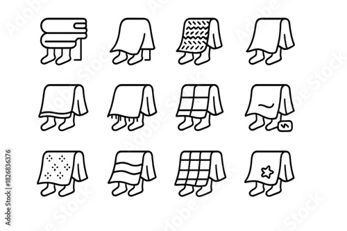 Blanket Icon Set. Blanket Over Knees. Line icon set of Blanket Over Knees: folded blanket, draped blanket, knitted blanket, fleece blanket, wool blanket, throw