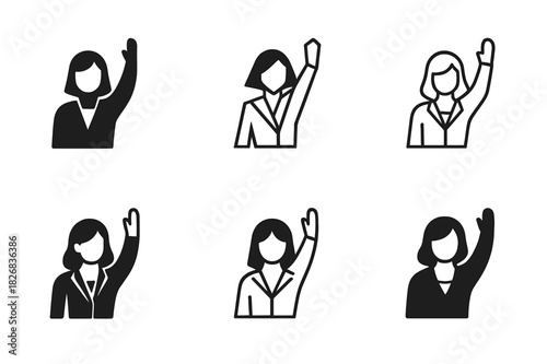 Women Leadership Icons. women in leadership. Icon set. Set Logo of women in leadership: raising hand in unity. harmonious logo variations of the same