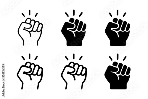 Fist Logo Variations. Fist clenching. Icon set. Set Logo of fist clenching: abstract geometric fist shape in motion. harmonious logo variations of the same