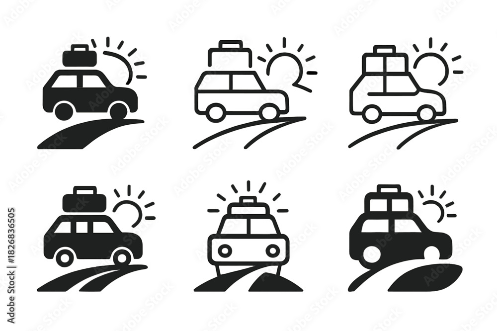 Obraz premium Travel Logo Variations. traveling. Icon set. Set Logo of traveling: road trip car. harmonious logo variations of the same emblematic concept, each with
