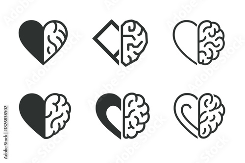 Mental Well-being Icons. mental well-being. Icon set. Set Logo of mental well-being: balanced brain and heart. harmonious logo variations of the same