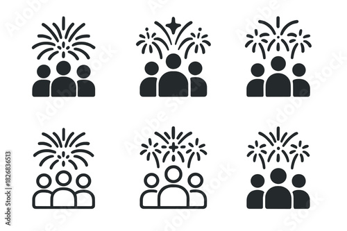Festive Emblem Variations. Shared celebration. Icon set. Set Logo of shared celebration: fireworks over crowd. harmonious logo variations of the same
