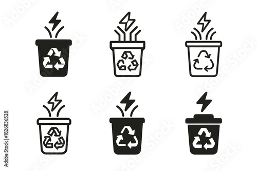 Renewable Energy Icons. renewable energy generation from waste. Icon set. Set Logo of renewable energy generation from waste: recycling bin with energy lines.