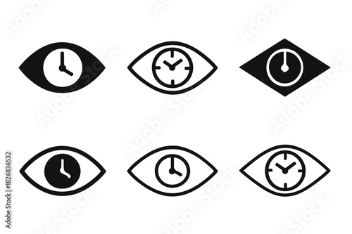 Time Perception Logos. Time dilation and human perception. Icon set. Set Logo of time dilation and human perception: Eye observing clock hands. harmonious logo