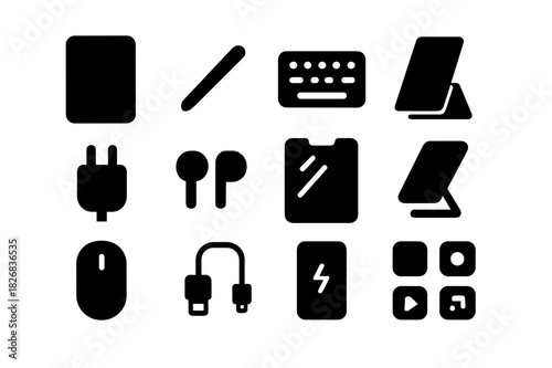 Tablet Workspace Icons. Tablet workspace. Solid icon set of Tablet workspace: tablet, stylus, keyboard, case, charger, earphones, screen protector, stand,
