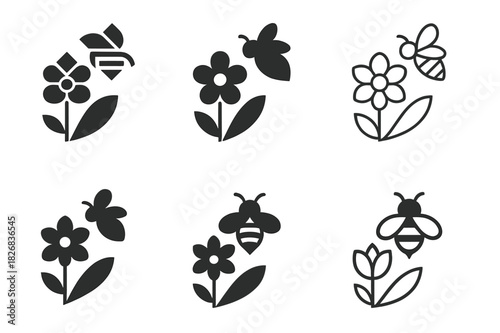 Garden Bee Logos. Flowering garden and bees. Icon set. Set Logo of flowering garden and bees: nature's pollination cycle. harmonious logo variations of the