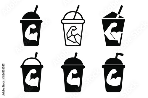 Fitness Logo Set. Cooking for fitness goals and muscle building. Icon set. Set Logo of smoothie or protein shake. harmonious logo variations of the same