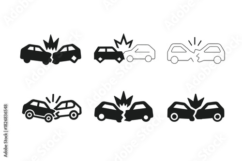 Damaged Vehicle Icons. damaged vehicles. Icon set. Set Logo of damaged vehicles: collision crash scene. harmonious logo variations of the same emblematic