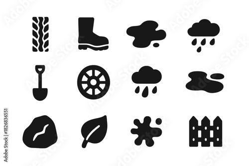 Muddy Terrain Icons. Muddy terrain. Solid icon set of muddy terrain: tire track, boot print, puddle, mud splash, shovel, wheel, rain cloud, wet ground, rock,