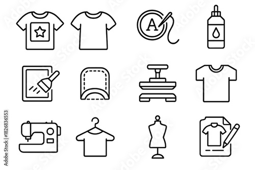 T-Shirt Customization Icons. T-shirt customization set. Line icon set of T-shirt customization set: printed t-shirt, plain t-shirt, embroidery design, fabric