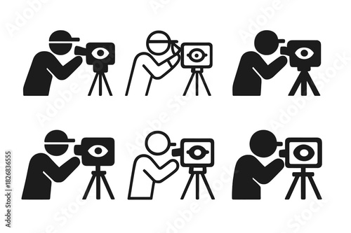 Director Emblem Icons. A director adjusting the camera on set for a close-up shot. Icon set. Set Logo of A director adjusting the camera on set for a close-up