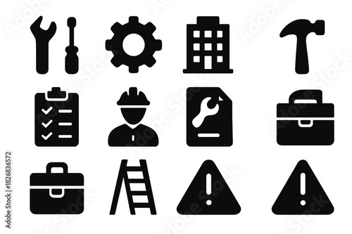 Building Maintenance Icons. Building maintenance. Solid icon set of building maintenance: wrench, screwdriver, gear, building, checklist, clipboard, inspector,
