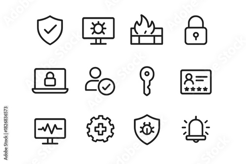 Cybersecurity Icon Set. Cyber Incident Response. Line icon set of Cyber Incident Response: alert, incident report, firewall, server, network, antivirus,