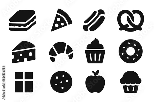 Savory Treats Icons. Savory treats. Solid icon set of Savory treats: sandwich, pizza slice, hot dog, pretzel, cheese, croissant, cupcake, donut, chocolate bar,
