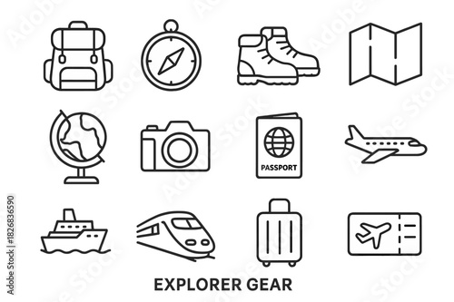 Explorer Gear Icons. Explorer Gear. Line icon set of Explorer Gear: backpack, compass, hiking boots, map, globe, camera, passport, airplane, cruise ship,