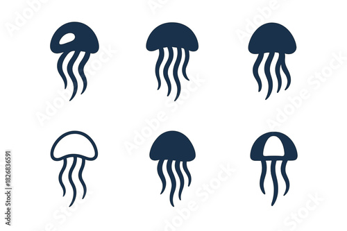Oceanic Logo Variations. Oceans and seas. Icon set. Set Logo of oceans and seas: jellyfish drifting gracefully in water. harmonious logo variations of the same