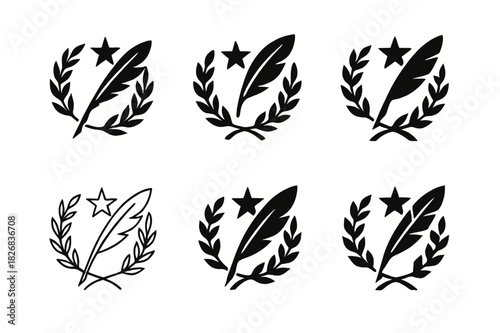 Poetic Logo Variations. Poetic expression. Icon set. Set Logo of poetic expression: laurel wreath encircling a quill and star. harmonious logo variations of