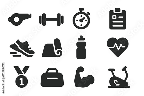Fitness Icons Collection. Fitness coach. Solid icon set of fitness coach: whistle, dumbbell, stopwatch, clipboard, running shoe, yoga mat, water bottle, heart