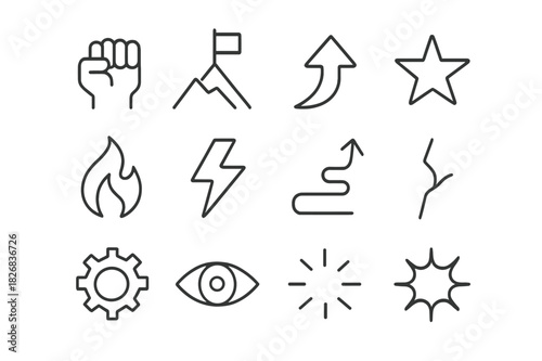 Icons of Determination. Determination and resolve. Line icon set of determination and resolve: fist, mountain, flag, arrow up, star, flame, lightning bolt,