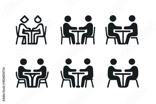 Urban Meetup Icons. Casual meetups and socializing in urban settings. Icon set. Set Logo of casual meetups and socializing in urban settings: cafe table.