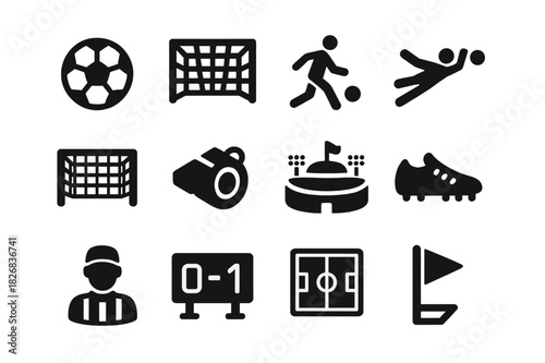 Soccer Icon Set. Soccer Penalty. Solid icon set of soccer ball, goal, player kicking, goalkeeper, net, whistle, stadium, cleats, referee, scoreboard, lines,