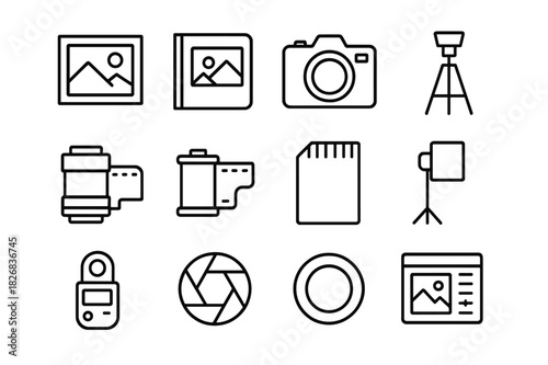 Vector Photography Icons. Visual storytelling. Line icon set of Visual storytelling: photo frame, photo album, camera, tripod, lens, film roll, memory card,