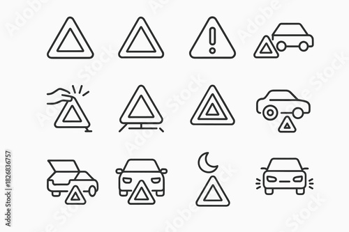 Emergency Icons Grid. Emergency triangle. Line icon set of emergency triangle: roadside triangle, hazard symbol, triangle with exclamation mark, car with