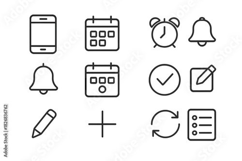 Phone Calendar Icons. Organizing a Calendar on a Phone. Line icon set of Organizing a Calendar on a Phone: smartphone, calendar app, date selection, alarm