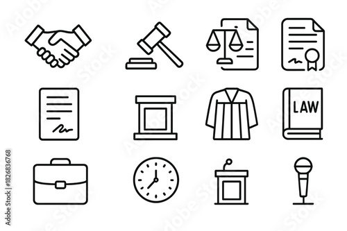 Legal Icon Set. Dispute mediator. Line icon set of Dispute mediator: handshake, gavel, balance scales, legal document, contract, courtroom podium, judge robe,