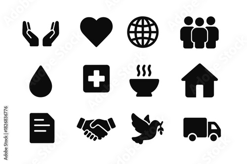 Humanitarian Aid Icons. Humanitarian aid. Solid icon set of humanitarian aid: open hands, heart, globe, people, water drop, medical cross, food bowl, house,