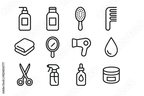 Hair Care Icons. Combing hair. Line icon set of combing hair: comb, hairbrush, mirror, long hair, braid, detangling spray, hand holding brush, hair strand,