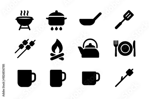 Outdoor Cooking Icons. Outdoor cooking. Solid icon set of outdoor cooking: barbecue grill, pot, pan, spatula, skewers, campfire, kettle, plate, fork, knife,