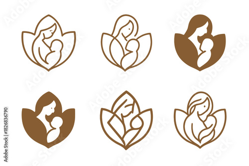 Childbirth Icon Set. childbirth. Icon set. Set Logo of childbirth: blooming flower symbol. harmonious logo variations of the same emblematic concept, each with