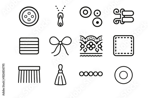 Fabric Accessories Icons. Fabric Accessories. Line icon set of Fabric Accessories: buttons, zippers, snaps, hooks, elastics, ribbons, lace, patches, applique,