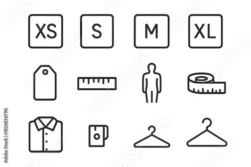 Clothing Size Icons. Clothing sizes. Line icon set of clothing sizes: XS label, S label, M label, L label, XL label, XXL label, size tag, ruler, body