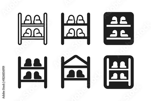 Stylish Hallway Logos. Designing a stylish hallway. Icon set. Set Logo of shoe rack. harmonious logo variations of the same emblematic concept (Minimal