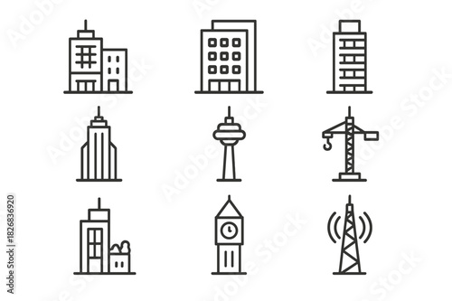Mixed-Use High-Rise Icons. Mixed-use high-rise. Line icon set of Mixed-use high-rise: mixed-use tower, office building, residential tower,