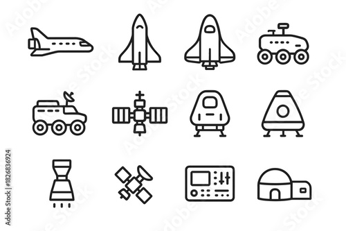 Futuristic Space Icons. Futuristic vehicles designed for interplanetary travel. Line icon set of futuristic vehicles designed for interplanetary travel: