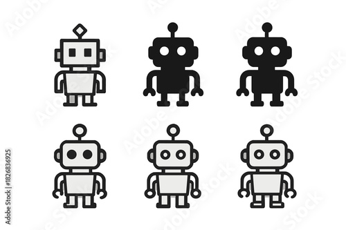 Retro Robot Logos. Video Game Characters. Icon set. Set Logo of Video Game Characters: Retro Robot. harmonious logo variations of the same emblematic concept