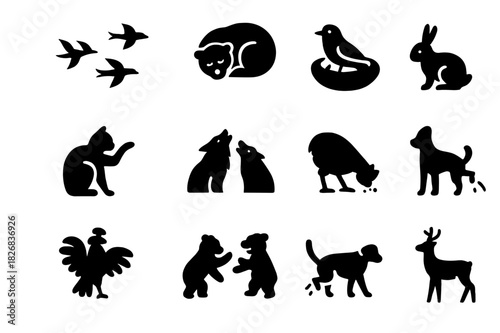 Animal Behavior Icons. Animal Behavior. Solid icon set of Animal Behavior: migration, hibernation, nesting, hunting, grooming, communication, feeding, mating