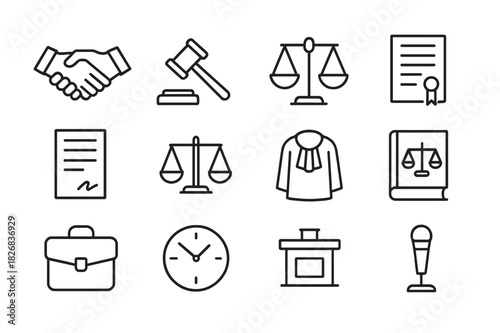 Legal Icon Set. Dispute mediator. Line icon set of Dispute mediator: handshake, gavel, balance scales, legal document, contract, courtroom podium, judge robe,