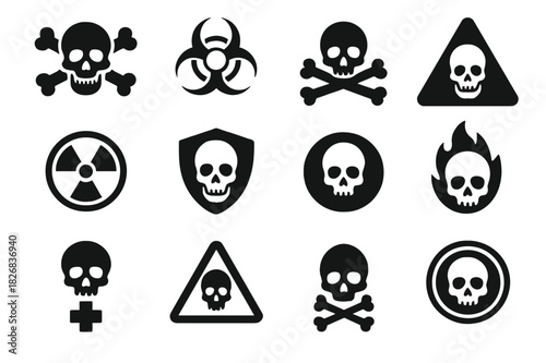 Skull Icon Collection. Skull symbols. Solid icon set of skull symbols: skull with crossbones, biohazard skull, toxic skull, danger skull, warning skull,