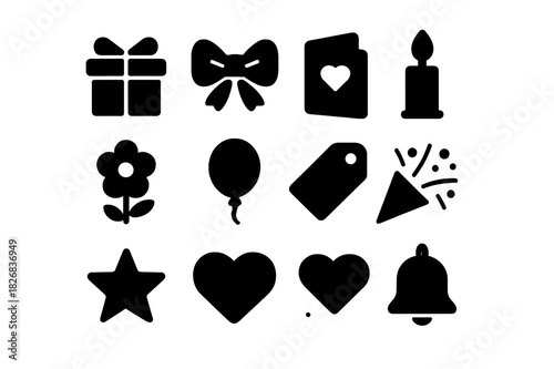 Special Occasion Icons. Special occasion gift. Solid icon set of Special occasion gift: wrapped box, bow, ribbon, card, candle, flower, balloon, tag, confetti,